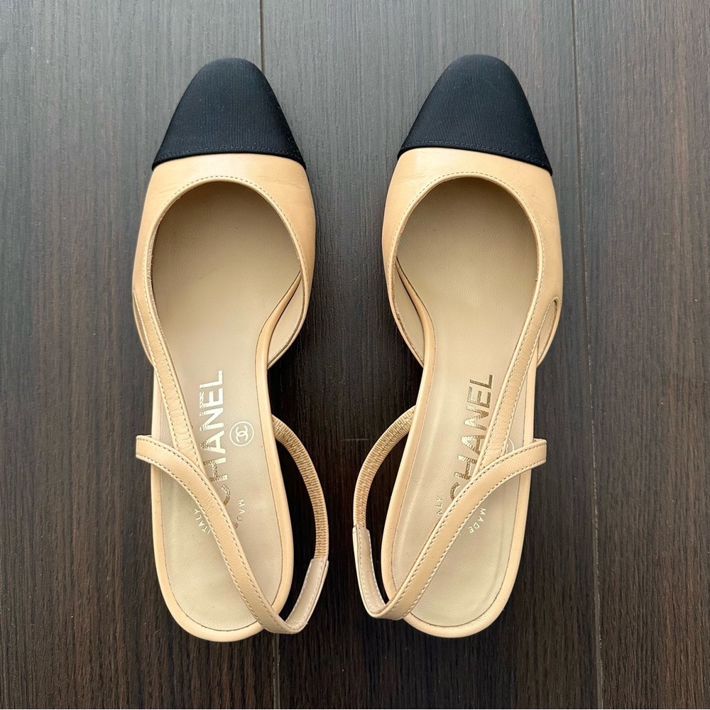 Chanel Slingback Goatskin & Grosgrain Beige & Black - Size 36 EU